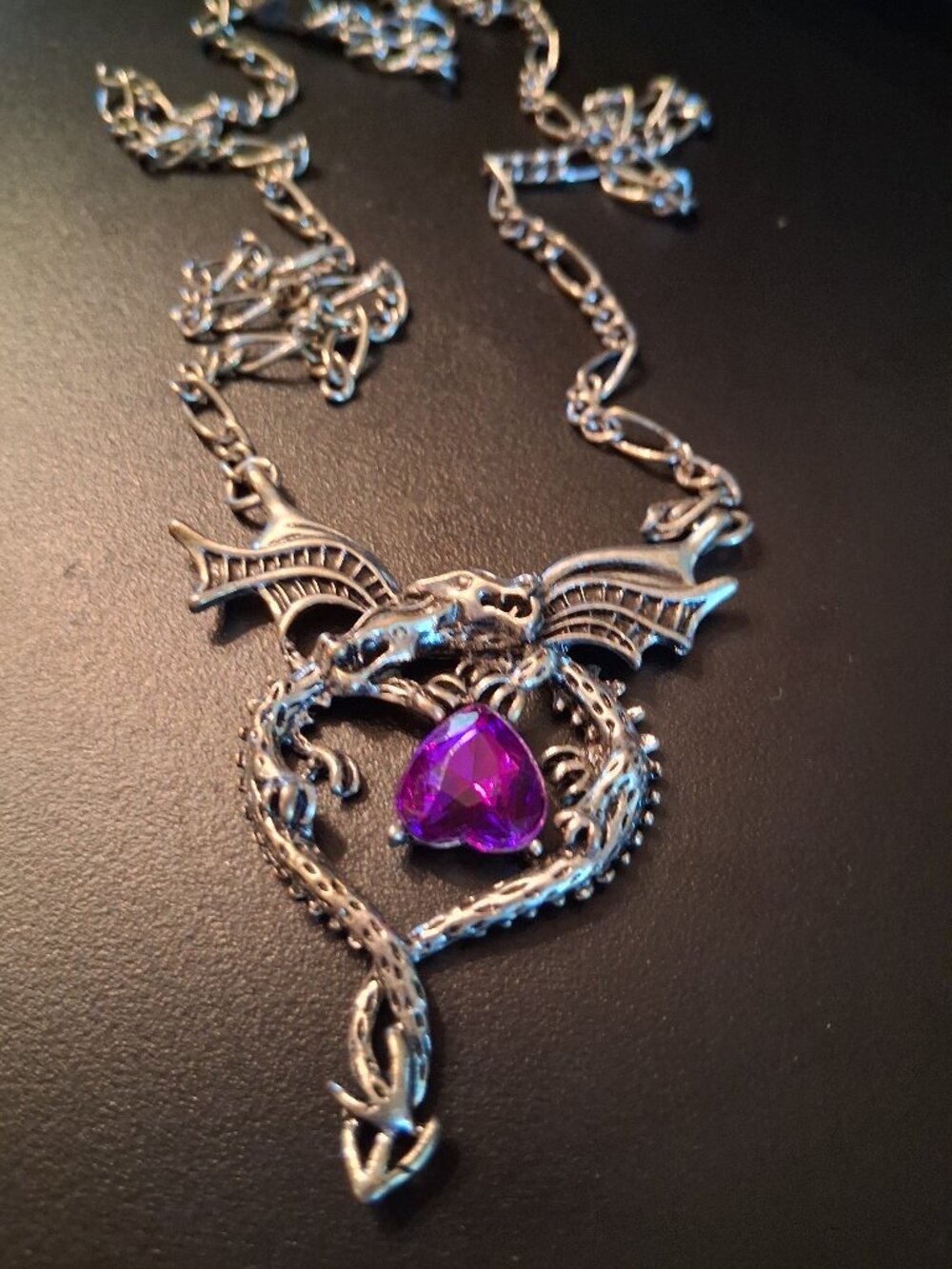 Gothic style Silvertone Pandan features an intricate Dragon Purple Faceted Heart